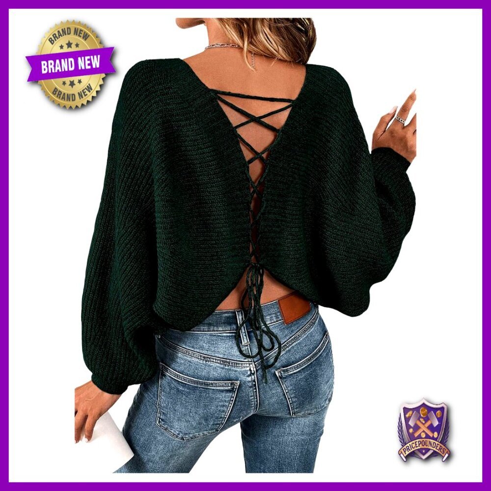 Off Shoulder Lace Up Open Back Sweater Pullover Long Sleeve Loose Knit Top